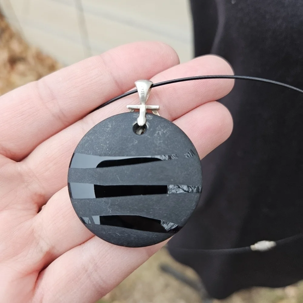 round black striped glass stone pendant necklace with sterling bail